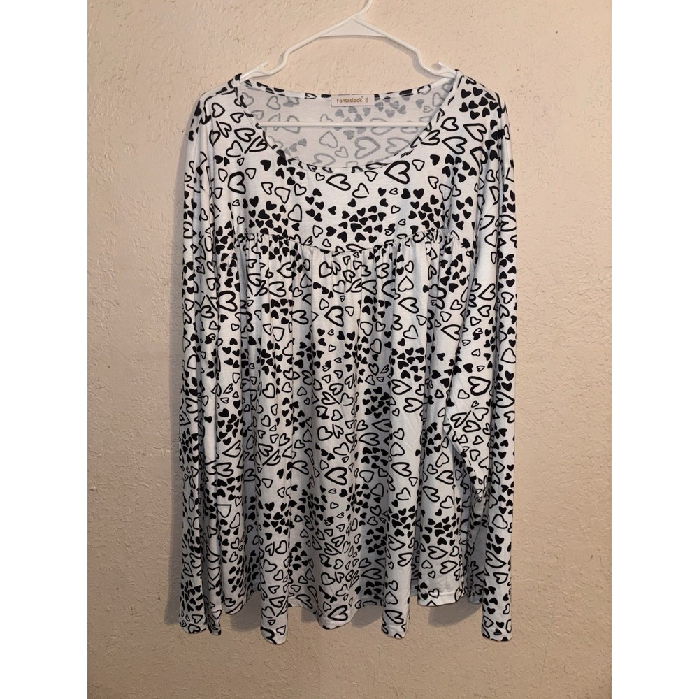 Fantaslook Women's Black & White Heart Long Sleeve Tunic Blouse Size 5XL